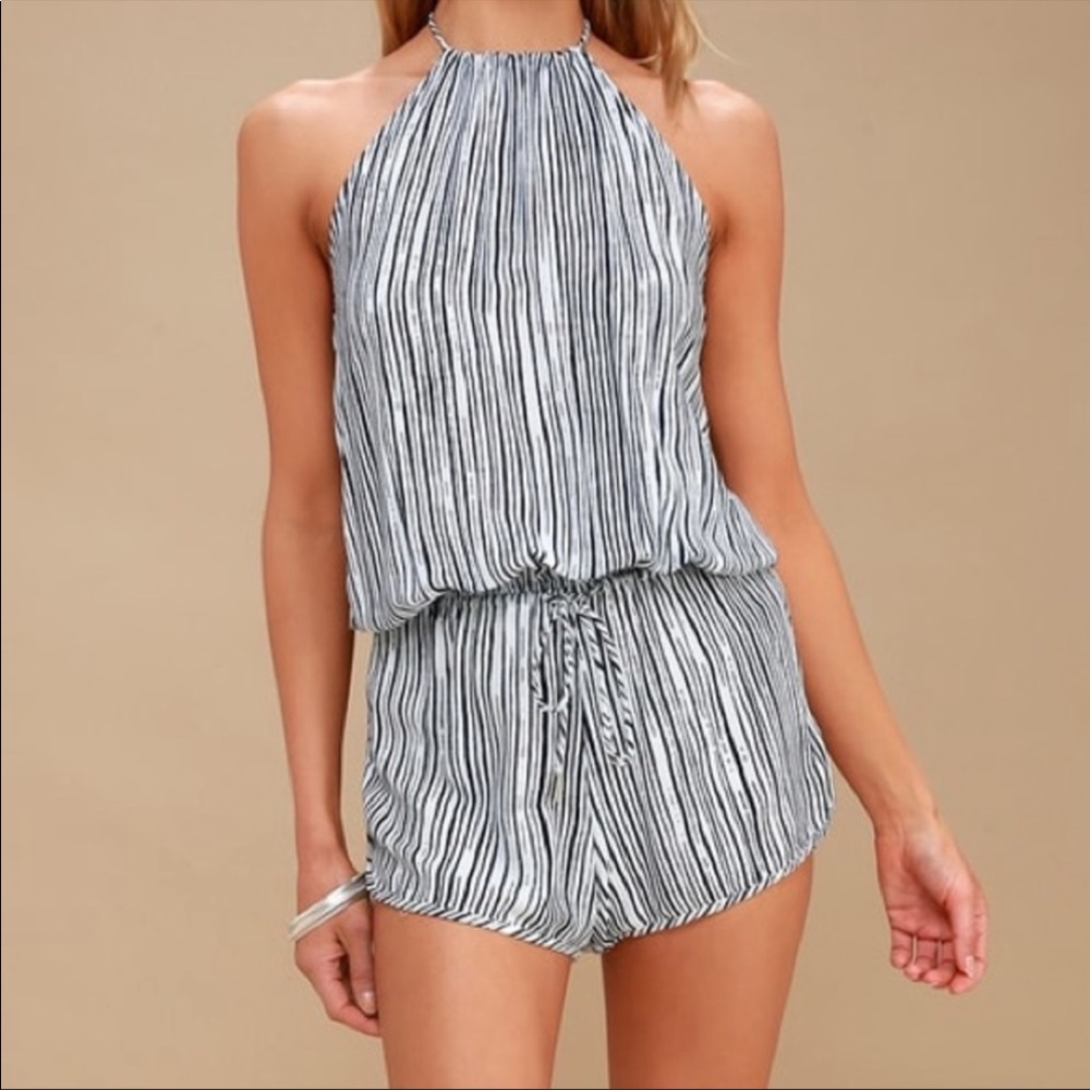Lulus Navy Blue Striped Halter Romper - Large